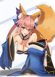 Rule 34 | 1girl, absurdres, animal ear fluff, animal ears, artist request, barre, blue kimono, blue ribbon, breasts, cleavage, collarbone, detached hair, fate/extra, fate/extra ccc, fate/grand order, fate (series), fox ears, fox girl, fox shadow puppet, fox tail, hair ribbon, highres, japanese clothes, kimono, large breasts, pink hair, ribbon, solo, tail, tamamo (fate), tamamo no mae (fate/extra), yellow eyes