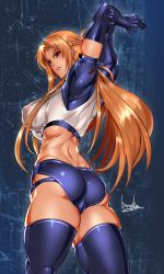 Rule 34 | 1girl, artist name, ass, asuna (sao), blonde hair, bowalia, braid, breasts, brown eyes, buruma, cameltoe, commentary request, commission, covered erect nipples, from side, gym shirt, large breasts, lips, long hair, orange hair, parted lips, shirt, signature, sword art online, thighhighs, thighs, toned