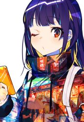 Rule 34 | 1girl, blonde hair, blush, cellphone, closed mouth, colored inner hair, holding, holding phone, hood, hoodie, lantern, long hair, long sleeves, looking at viewer, mika pikazo, multicolored hair, one eye closed, original, paper lantern, phone, print hoodie, purple hair, red eyes, simple background, smartphone, solo, two-tone hair, unmoving pattern, upper body, white background