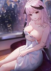 Rule 34 | 1girl, absurdres, blush, breasts, cleavage, collarbone, covering privates, feet out of frame, highres, horns, indoors, large breasts, leria v, long hair, looking at viewer, mole, mole on breast, naked towel, nude cover, original, parted lips, pink hair, red eyes, signature, sitting, slit pupils, smile, solo, towel, window