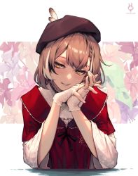 Rule 34 | 1girl, beret, blush, braid, brown eyes, brown hair, feathers, fingerless gloves, flower, gloves, grin, half-closed eyes, hat, head rest, head tilt, highres, hoipus, hololive, hololive english, looking at viewer, medium hair, multicolored hair, nanashi mumei, nanashi mumei (new year), own hands clasped, own hands together, short hair, single braid, smile, solo, streaked hair, upper body, virtual youtuber, white gloves