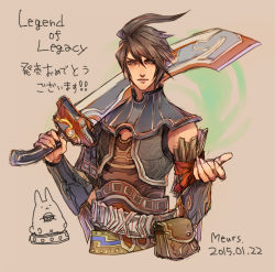 Rule 34 | !, !!, 1boy, ahoge, bad id, bad pixiv id, brown background, brown eyes, brown hair, rabbit, character name, grey background, male focus, meurs, simple background, solo, sword, the legend of legacy, tokinohiyoko, weapon