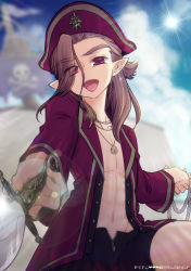 Rule 34 | 1boy, black shorts, blue sky, brown hair, cloud, cloudy sky, coat, cowboy shot, eyes visible through hair, glint, hat, highres, holding, holding knife, jewelry, knife, lens flare, long hair, luozhu (the legend of luoxiaohei), navel, necklace, open mouth, pirate, pirate hat, pirate ship, pointy ears, red coat, red eyes, shorts, sky, smile, solo, luo xiaohei zhanji, wod7kmv0dqpocvf