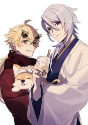 Rule 34 | 2boys, black headband, blonde hair, blue eyes, bubble tea, closed eyes, cup, dog, fake horns, genshin impact, green eyes, hair between eyes, headband, highres, holding, holding cup, horned headwear, horns, japanese clothes, kamisato ayato, long hair, looking at viewer, male focus, mole, mole under mouth, multiple boys, ponytail, shiba inu, simple background, taroumaru (genshin impact), thoma (genshin impact), upper body, white background, wide sleeves, xia (ryugo)