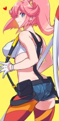 Rule 34 | 1girl, aina ardebit, ass, asymmetrical legwear, blue eyes, blue shorts, breasts, closed mouth, crop top, from behind, gloves, heart, highres, medium breasts, pink hair, promare, short hair, short shorts, shorts, simple background, solo, suspenders, takatsuki ichi, thighs, two-tone legwear, white gloves, yellow background