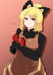 Rule 34 | 1girl, absurdres, black bow, black gloves, black shirt, blonde hair, blush, bow, box, breasts, brown background, brown dress, closed mouth, collared shirt, commentary request, cowboy shot, dress, drop shadow, extra eyes, gloves, gradient background, hair bow, hair bun, heart-shaped box, highres, kurodani yamame, large breasts, long sleeves, looking at viewer, medium hair, pinafore dress, popped collar, red eyes, ribbon, rinyamame, shirt, sleeveless dress, smile, solo, touhou, valentine, wavy hair, yellow ribbon