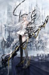 Rule 34 | 1girl, asymmetrical legwear, bare shoulders, black thighhighs, boots, breasts, center opening, clothing cutout, cloud, commentary request, darkness, day, eyebrows hidden by hair, fantasy, floating hair, full body, gawako, hair between eyes, highres, holding, holding polearm, holding weapon, legs, long hair, looking at viewer, medium breasts, mismatched legwear, navel, original, parted lips, polearm, scenery, sideboob, solo, standing, sunlight, thigh boots, thighhighs, tiara, weapon, white hair, white thighhighs, yellow eyes