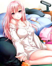 Rule 34 | 1girl, absurdres, aran sweater, bare shoulders, barefoot, bed, blush, bottomless, breasts, cable knit, covered erect nipples, ginta, hair brush, highres, indoors, lamp, long hair, mirror, nail polish, naked sweater, no pants, off shoulder, pink eyes, pink hair, smile, solo, sweater