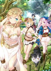 Rule 34 | 1boy, 3girls, :d, ;), aqua eyes, bare shoulders, belt, bike shorts, blonde hair, boots, breasts, commentary request, cow, day, dog, elf, forest, hair ornament, holding hands, large breasts, light rays, long hair, medium breasts, monster factory, multiple girls, multiple heads, nature, navel, official art, one eye closed, open mouth, outdoors, pink hair, pointy ears, purple eyes, short hair, smile, tree, very long hair, yano mitsuki (nanairo)