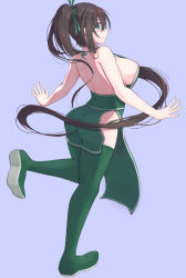 Rule 34 | 1girl, akali, akali (legacy), ass, bare shoulders, blush, boots, breasts, brown hair, dress, green dress, green eyes, grey background, highres, large breasts, league of legends, long hair, looking to the side, ponytail, popoman, sideboob, sideways glance, simple background, skindentation, smile, solo, thigh boots, thighhighs