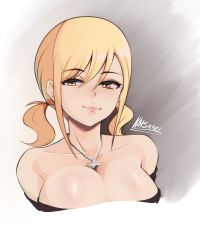 Rule 34 | 1girl, absurdres, bare shoulders, blonde hair, breasts, cleavage, collarbone, fairy tail, highres, jewelry, large breasts, lucy heartfilia, necklace, twintails