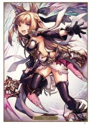 Rule 34 | 1girl, :d, animal ears, armor, artist name, artist request, backless outfit, black gloves, black thighhighs, blonde hair, breastplate, brown eyes, card (medium), character name, fang, floating hair, gloves, granblue fantasy, highres, holding, holding sword, holding weapon, long hair, looking at viewer, miniskirt, open mouth, outstretched arm, page number, skirt, smile, solo, sword, thighhighs, very long hair, weapon, white skirt, yuisis (granblue fantasy)