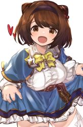 Rule 34 | 1girl, absurdres, belt, belt pouch, blush, bow, breasts, brown eyes, brown hair, capelet, curtsey, draph, dress, granblue fantasy, hair bobbles, hair ornament, hairband, heart, highres, horns, large breasts, looking at viewer, maou (maoudaisukiya), open mouth, pouch, short hair, simple background, skirt hold, smile, solo, thighhighs, white background, white thighhighs, yaia (granblue fantasy), yellow bow