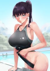 Rule 34 | 1girl, bare arms, black hair, blue eyes, blurry, blurry background, blush, breasts, clothes lift, collarbone, competition swimsuit, cowboy shot, day, frontal wedgie, grey one-piece swimsuit, hair between eyes, high ponytail, kasumi saika, large breasts, lifting own clothes, long hair, looking at viewer, midriff, navel, one-piece swimsuit, outdoors, parted lips, pool ladder, poolside, shuumatsu no harem, sideboob, solo, stomach, swimsuit, swimsuit lift, toudou akira (shuumatsu no harem), wedgie