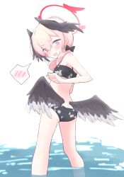 Rule 34 | 1girl, 2o1 (nogarudo203), bikini, black bikini, black bow, black wings, blue archive, blush, bow, double-parted bangs, feathered wings, feet out of frame, floral print, from behind, hair bow, halo, head wings, highres, koharu (blue archive), koharu (swimsuit) (blue archive), long hair, looking back, low twintails, low wings, official alternate costume, pink eyes, pink hair, pink halo, print bikini, red halo, solo, speech bubble, spoken blush, swimsuit, twintails, wading, water, white background, wings