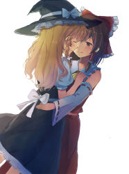 Rule 34 | 2girls, ascot, blonde hair, blush, bow, braid, brown eyes, brown hair, chokokorone (artist), couple, detached sleeves, dress, hair bow, hair tubes, hakurei reimu, hand on another&#039;s back, hand on own ass, hands on another&#039;s chest, happy, hat, hug, imminent kiss, kirisame marisa, long hair, lovestruck, multiple girls, noses touching, sash, single braid, smile, touhou, witch hat, yuri