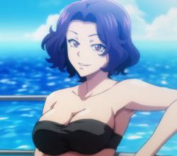 Rule 34 | 1girl, armpits, bare arms, bare shoulders, bikini, black bikini, breasts, cleavage, cloud, collarbone, day, female focus, fence, grand blue, grin, hamaoka azusa, large breasts, looking at viewer, neck, ocean, outdoors, parted bangs, parted lips, purple eyes, purple hair, screencap, shiny skin, short hair, sky, smile, solo, strapless, strapless bikini, swimsuit, upper body