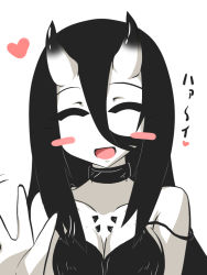 Rule 34 | 10s, 1girl, ^ ^, abyssal ship, battleship princess, black dress, black hair, blush stickers, breasts, cleavage, closed eyes, collar, commentary request, dress, goma (gomasamune), hair between eyes, horns, kantai collection, large breasts, skin-covered horns, solo, spaghetti strap, strap slip, translated, waving