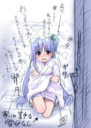 Rule 34 | 1girl, blue hair, cold, dated, holly, irony, japanese clothes, nonohara miki, original, side ponytail, signature, snow, solo, translated, trembling, wavy mouth, yuki onna