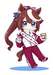 Rule 34 | 1girl, animal ears, birthday sash, blue eyes, blush, brown hair, chibi, closed mouth, colored shadow, commentary request, food, full body, hair between eyes, hair ribbon, highres, holding, horse ears, horse girl, horse tail, jacket, long hair, marker, multicolored hair, nozo (hitomiz), pants, pink ribbon, ponytail, pudding, purple jacket, purple pants, ribbon, sash, shadow, solo, streaked hair, tail, tokai teio (umamusume), track jacket, track pants, track suit, umamusume, very long hair, white background, white hair