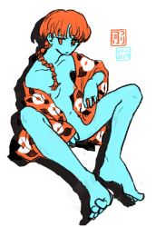 Rule 34 | 1girl, 2021, blue skin, braid, braided ponytail, breasts, closed mouth, colored skin, dated, floral print, full body, highres, jacket, limited palette, logo, long hair, long sleeves, looking at viewer, naked jacket, nipples, no sclera, orange eyes, orange hair, orange jacket, original, simple background, sitting, small breasts, solo, tsurikawa373, white background
