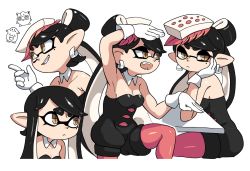 Rule 34 | + +, 1girl, arm up, armpits, bare shoulders, black hair, black jumpsuit, breasts, brown eyes, callie (splatoon), chansey, cleavage, creatures (company), detached collar, game freak, gen 1 pokemon, gloves, inkling, jigglypuff, jumpsuit, long hair, medium breasts, multiple views, nintendo, open mouth, pantyhose, parted lips, pointy ears, pokemon, pokemon (creature), purple pantyhose, shadow, short jumpsuit, simple background, smile, splatoon (series), strapless jumpsuit, very long hair, white background, white gloves, yuta agc