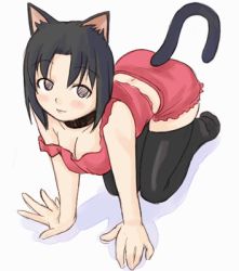 Rule 34 | 00s, animal ears, animated, animated gif, black thighhighs, blouse, breasts, cat ears, cat tail, cleavage, collar, loose clothes, loose shirt, lowres, maria-sama ga miteru, mizuno youko, parted bangs, red shirt, shirt, skindentation, solo, tail, thighhighs