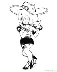 Rule 34 | 1girl, american flag, ankle strap, chibi, cowboy hat, crop top, fingerless gloves, full body, gloves, greyscale, hair over one eye, hands up, hat, high heels, legs, lineart, long hair, looking at viewer, miniskirt, monochrome, original, peace symbol, ruukii drift, sandals, shirt, shoes, simple background, skirt, sleeveless, sleeveless shirt, smile, solo, strappy heels, tattoo, thighs, watermark, white background