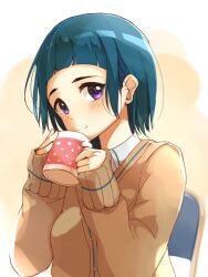 Rule 34 | 1girl, blue hair, blunt bangs, blush, breasts, brown cardigan, cardigan, closed mouth, cup, dot nose, hands up, holding, holding cup, idolmaster, idolmaster cinderella girls, idolmaster cinderella girls starlight stage, long sleeves, looking at viewer, mug, nira (vira), okazaki yasuha, on chair, purple eyes, shirt, short hair, simple background, sitting, sleeves past wrists, small breasts, smile, solo, upper body, white shirt, yellow background