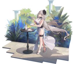 Rule 34 | 1girl, aquila (azur lane), aquila (green garden elegant sadia) (azur lane), azur lane, black headwear, breasts, cake, cup, food, from side, green eyes, grey hair, hat, high heels, highres, holding, holding cup, large breasts, long hair, looking at viewer, necomi, official alternate costume, official art, plant, side slit, standing, tea, teacup, thigh strap, transparent background, very long hair, white footwear