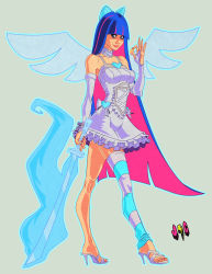 Rule 34 | 10s, 1girl, asymmetrical legwear, blue eyes, blunt bangs, bow, bridal gauntlets, choker, coin, colored inner hair, dress, full body, hair bow, heart, high heels, justin coffee, lips, long hair, multicolored hair, panty &amp; stocking with garterbelt, screentones, shoes, simple background, solo, stocking (psg), striped clothes, striped thighhighs, sword, thighhighs, two-tone hair, uneven legwear, very long hair, weapon, wings