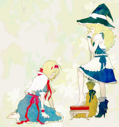 Rule 34 | 2girls, alice margatroid, asymmetrical clothes, asymmetrical footwear, barefoot, blonde hair, broom, female focus, hairband, hat, heihachi, high heels, kirisame marisa, mismatched footwear, multiple girls, shoes, short hair, tears, touhou, witch, witch hat, yellow eyes
