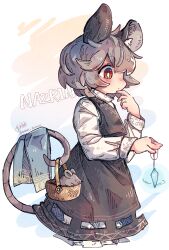 Rule 34 | 1girl, animal, animal ears, artist name, basket, black dress, blush, character name, closed mouth, dress, from side, grey hair, highres, jewelry, long sleeves, mame komari, mouse (animal), mouse ears, mouse tail, nazrin, pendant, profile, red eyes, short hair, signature, solo, tail, touhou, twitter username