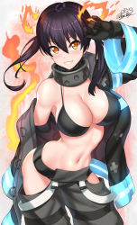 Rule 34 | 1girl, absurdres, arm up, baggy pants, bare shoulders, bikini, black bikini, black coat, black gloves, black hair, blush, breasts, cleavage, coat, commentary, commission, cowboy shot, en&#039;en no shouboutai, fiery ears, fiery tail, fire, gloves, grey pants, grin, groin, hair between eyes, highres, hip vent, large breasts, long hair, long sleeves, looking at viewer, metal gloves, navel, nez-box, off shoulder, open clothes, open coat, pants, sidelocks, signature, single bare shoulder, smile, solo, standing, stomach, swimsuit, tail, tamaki kotatsu, teeth, twintails, white background, yellow eyes