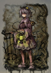 Rule 34 | 1girl, 2b-ge, closed mouth, collared shirt, eyeball, fence, frills, full body, grass, hair ornament, heart, heart hair ornament, highres, holding, holding lamp, komeiji satori, lamp, long sleeves, looking at viewer, miniskirt, one-hour drawing challenge, outdoors, pink eyes, pink hair, pink skirt, purple vest, shirt, short hair, skirt, sleeves past wrists, slippers, solo, standing, third eye, touhou, vest, wavy hair, wide sleeves