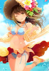Rule 34 | 1girl, bikini, blue bikini, blue sky, breasts, brown eyes, brown hair, brown hat, cleavage, closed mouth, cloud, collarbone, commentary request, day, floating hair, flower, halterneck, hands up, hat, hat flower, leg up, long hair, looking at viewer, medium breasts, nail polish, navel, niichi (komorebi-palette), off shoulder, one eye closed, open clothes, open shirt, original, outdoors, pink flower, sarong, shirt, side-tie bikini bottom, sky, slippers, smile, solo, star (symbol), straw hat, swimsuit, tongue, tongue out, w, water, wet, yellow flower, yellow shirt