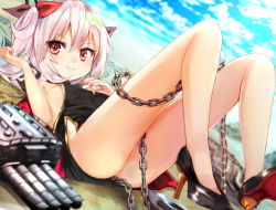 Rule 34 | 1girl, ass, azur lane, bare arms, bare shoulders, black dress, black footwear, blue sky, blurry, blurry background, blurry foreground, blush, breasts, cannon, chain, china dress, chinese clothes, closed mouth, cloud, cloudy sky, commentary request, day, depth of field, dress, dutch angle, fang, fang out, fingernails, hair between eyes, hair ornament, hair ribbon, hands up, high heels, legs up, long hair, looking at viewer, lying, marisayaka, nail polish, on back, outdoors, red eyes, red nails, red ribbon, ribbon, shoes, silver hair, sky, sleeveless, sleeveless dress, small breasts, smile, solo, thighs, turret, twintails, vampire (azur lane), vampire (the breath of spring) (azur lane)