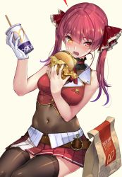 Rule 34 | 1girl, akasaai, bare arms, bare shoulders, belt, black thighhighs, bodystocking, burger, choker, covered navel, crop top, cup, disposable cup, food, frilled choker, frills, gloves, gold trim, hair ribbon, heterochromia, highres, holding, hololive, houshou marine, long hair, looking at viewer, midriff, miniskirt, open mouth, pleated skirt, red eyes, red hair, red skirt, red vest, ribbon, skirt, sleeveless, solo, thighhighs, twintails, unworn gloves, vest, virtual youtuber, wing collar, yellow eyes, zettai ryouiki