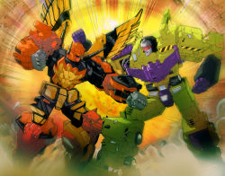 Rule 34 | 2boys, andrew griffith, clenched hands, decepticon, devastator (transformers), dust, fighting, mecha, motion blur, multiple boys, no humans, open mouth, predaking (transformers), robot, science fiction, super robot, transformers, visor