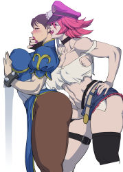 Rule 34 | 1boy, 1girl, against wall, capcom, chinese clothes, choker, chun-li, from behind, futa with female, futanari, hand on own hip, highres, kisuu, lipstick, makeup, multiple girls, nail polish, naughty face, newhalf, pantyhose, pink hair, poison (final fight), street fighter, street fighter v, thigh strap, tongue, tongue out