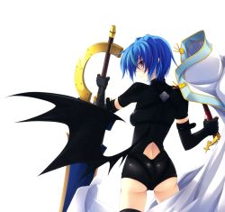 Rule 34 | 10s, 1girl, absurdres, arm strap, ass, back, back cutout, bat wings, black gloves, black thighhighs, blue hair, cloak, unworn clothes, clothing cutout, cowboy shot, dual wielding, elbow gloves, fingerless gloves, from behind, gloves, green hair, hair between eyes, high school dxd, highres, holding, huge weapon, leotard, looking at viewer, looking back, low wings, miyama-zero, multicolored hair, multiple swords, official art, profile, scan, serious, short hair, simple background, solo, strap, streaked hair, sword, thighhighs, turtleneck, two-tone hair, weapon, white background, wings, xenovia quarta