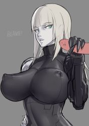Rule 34 | 1girl, bad id, bad pixiv id, blame!, blue eyes, bodysuit, breasts, cibo, commentary request, covered erect nipples, cyborg, grey background, handjob, huge breasts, long hair, looking at viewer, mechanical arms, mikoyan, pale skin, parted lips, penis, perky breasts, phallic symbol, prosthesis, simple background, single mechanical arm, sketch, smile, solo, solo focus, white hair