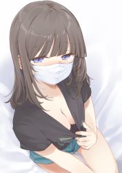 Rule 34 | 1girl, bare legs, bed sheet, black shirt, blunt bangs, blush, breasts, brown hair, cleavage, clothes pull, covered mouth, dutch angle, from above, half-closed eyes, highres, long hair, maigoyaki, mole, mole on breast, mole on thigh, original, pulling own clothes, shirt, shirt pull, short shorts, shorts, sitting, solo, white mask