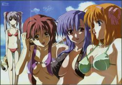 Rule 34 | 00s, 4girls, beach, bikini, blue hair, breasts, breasts apart, cloud, crease, day, fuyou kaede, highres, hosoda naoto, large breasts, lisianthus, medium breasts, megami magazine, multiple girls, nerine, official art, orange hair, outdoors, pointy ears, primula, red hair, shuffle!, silver hair, swimsuit, twintails