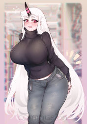 Rule 34 | 1girl, abyssal ship, black sweater, breasts, colored skin, commission, denim, dress, embarrassed, flying sweatdrops, highres, horns, huge breasts, indoors, jeans, kantai collection, long hair, midriff peek, pants, red eyes, ribbed sweater, seaport princess, single horn, solo, sweatdrop, sweater, sweater dress, turtleneck, turtleneck sweater, uni (oni unicorn), very long hair, white hair, white skin