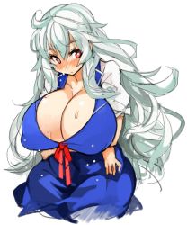 Rule 34 | 1girl, blue dress, blush, breasts, cleavage, covered erect nipples, dress, huge breasts, impossible clothes, kamishirasawa keine, long hair, nose blush, perky breasts, puffy short sleeves, puffy sleeves, red eyes, sachito, short sleeves, simple background, solo, sweat, touhou, white background, white hair
