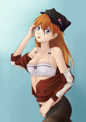Rule 34 | 1girl, :p, blue background, bra, breasts, cleavage, hand in own hair, hat, jacket, long hair, neon genesis evangelion, panties, pantyhose, partially undressed, rebuild of evangelion, red hair, solo, sorandia, souryuu asuka langley, thighband pantyhose, tongue, tongue out, underwear