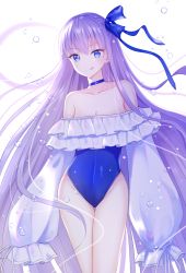 Rule 34 | 1girl, :q, arms at sides, bad id, bad pixiv id, bare shoulders, blue bow, blue choker, blue eyes, blue one-piece swimsuit, blush, bow, choker, closed mouth, collarbone, commentary request, fate/grand order, fate (series), groin, hair between eyes, hair bow, half updo, highres, legs together, long hair, long sleeves, looking at viewer, meltryllis, meltryllis (fate), meltryllis (swimsuit lancer) (fate), meltryllis (swimsuit lancer) (second ascension) (fate), nasii, off-shoulder one-piece swimsuit, one-piece swimsuit, puffy long sleeves, puffy sleeves, purple hair, simple background, sleeves past fingers, sleeves past wrists, smile, solo, standing, strapless, strapless one-piece swimsuit, swimsuit, thigh gap, tongue, tongue out, v-shaped eyebrows, very long hair, water drop, white background