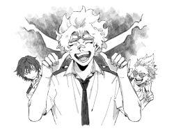 Rule 34 | 3boys, bandaid, bandaid on face, bandaid on nose, boku no hero academia, closed eyes, closed mouth, double thumbs up, eraser head (boku no hero academia), goggles, goggles on head, greyscale, hair between eyes, hand on own chin, index finger raised, loud cloud, male focus, monochrome, multiple boys, necktie, open mouth, present mic, rnuyvm, school uniform, short hair, short sleeves, teeth, thumbs up, tinted eyewear
