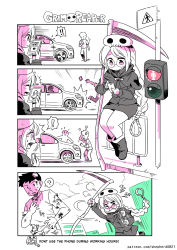 Rule 34 | !, !!, 1boy, 1girl, ?, ^ ^, blush, boots, braid, car, cellphone, closed eyes, closed mouth, comic, death (entity), english text, glasses, grim reaper, highres, holding, holding phone, holding scythe, hood, hoodie, injury, long hair, looking at another, looking at phone, motor vehicle, open mouth, original, phone, rope, scythe, shepherd0821, sitting, skull, smartphone, speech bubble, spoken exclamation mark, spoken question mark, standing, traffic light, very long hair